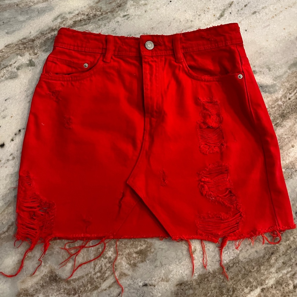 Distressed Red Denim Skirt